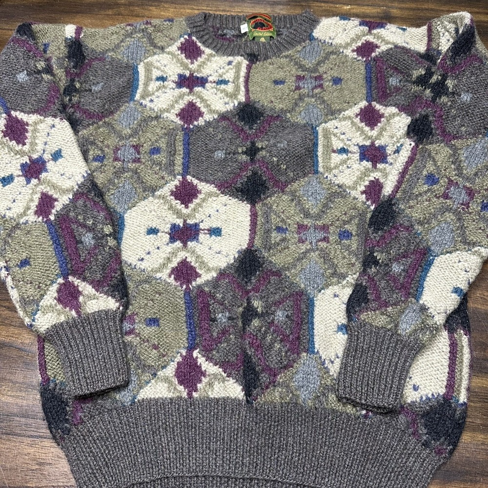 Vintage BOSTON TRADERS Wool Hand Knit Patch Work Pattern Chunky Sweater Limited